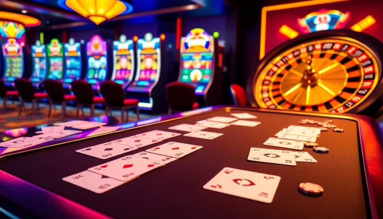 Engaging atmosphere of s8 nhà cái with poker, slots, and roulette in a vibrant casino scene.