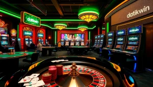 Rasakan permainan taruhan tinggi di Datukwin dengan mesin slot yang berwarna cerah dan chip poker.