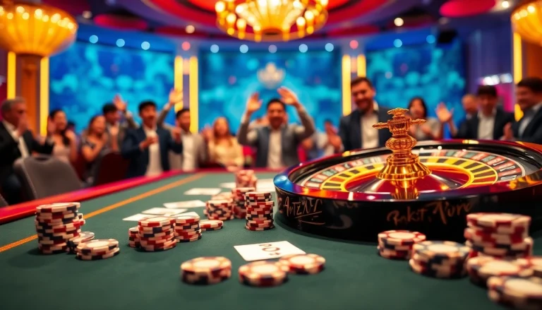 Exciting casino gaming table scene highlighting XSMB247 poker chips and cards.