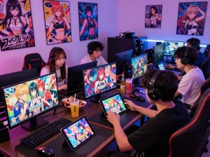 Engaging scene featuring players enjoying porngames on various devices, highlighting vibrant adult visual novels and interactive experiences.
