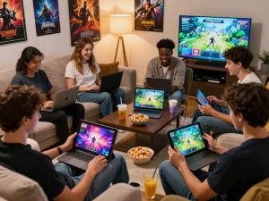 Group enjoying adult games online featuring vibrant visuals and snacks.