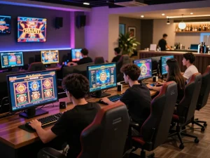 Players engaging in online casino gameplay in a modern gaming lounge, showcasing the z16 gaming environment.