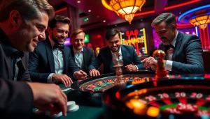 Spannende Spieler am Roulette Tisch bei casino spiele.de in einer lebhaften Casino-Atmosphäre.